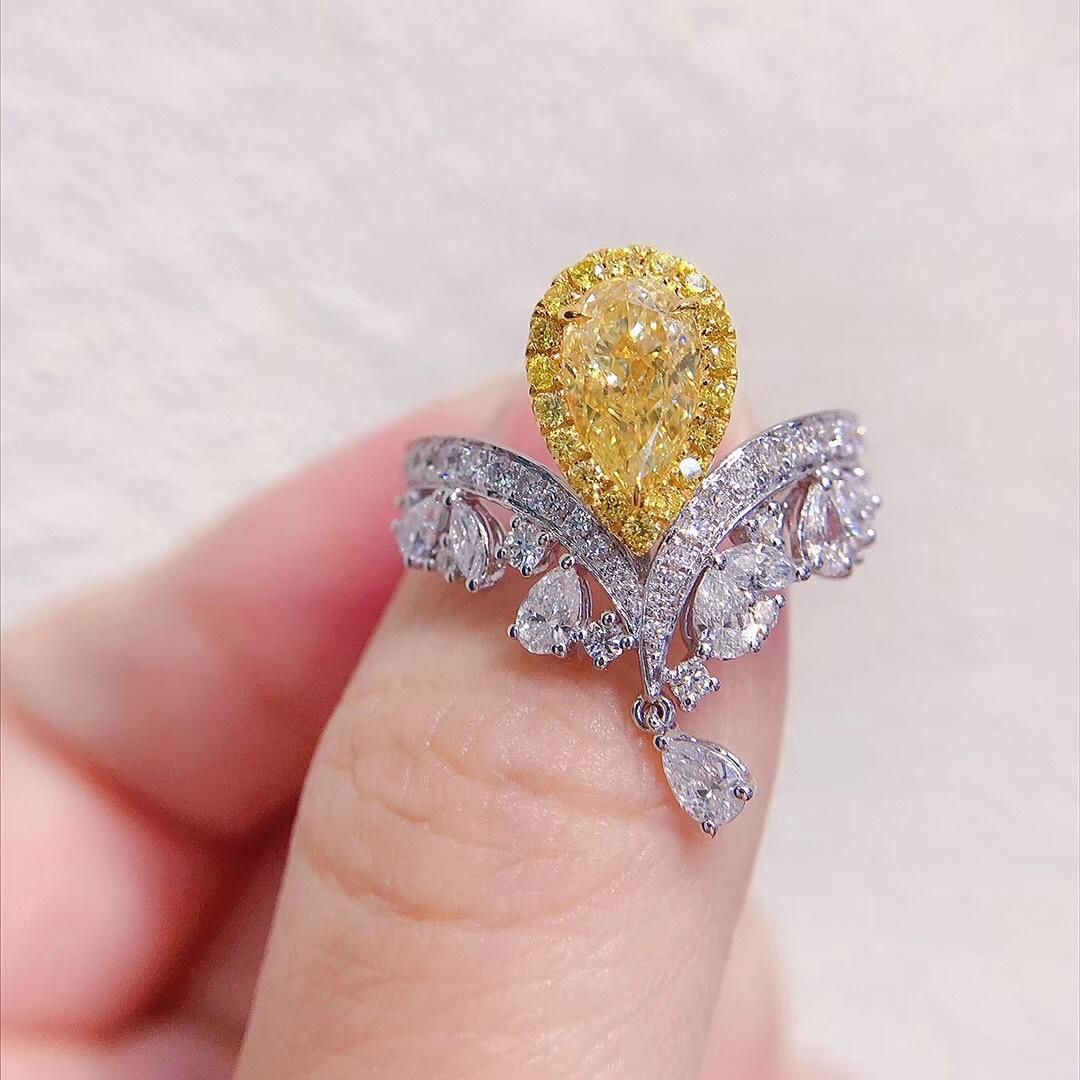 

Micro-Set Zircon Water Drop High Carbon Diamond Crowning Crown Ring For Love Luxury Bright Seiko Yellow Diamond Open Ring Women
