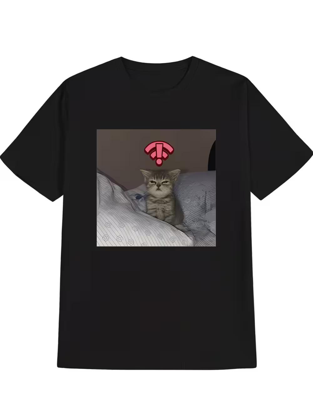 Men s Funny Graphic T-Shirt - Cute Gray Kitty & Red Wi-Fi Signal Design S