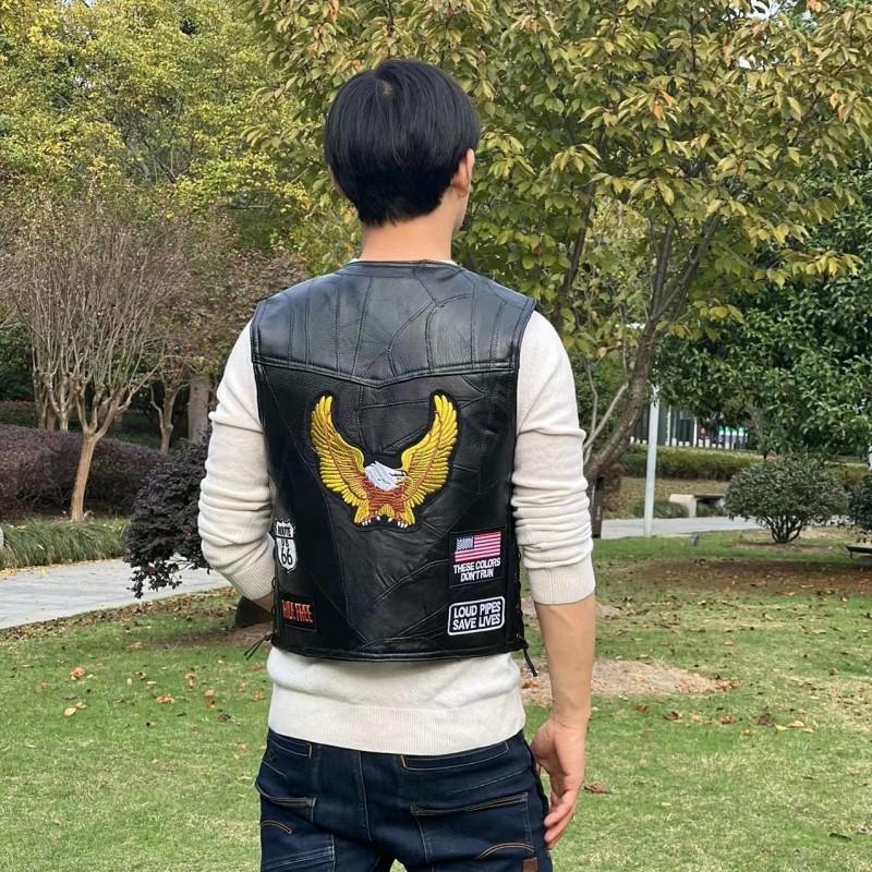 Mens PU Leather Biker Vest With Eagle Embroidery Patch V-Neck Sleeveless Jacket Streetwear Casual Riding