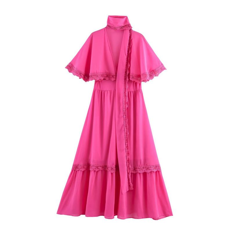 Elegant 2026 Spring Chiffon Patchwork Lace Dress with Flowing Ribbon Small