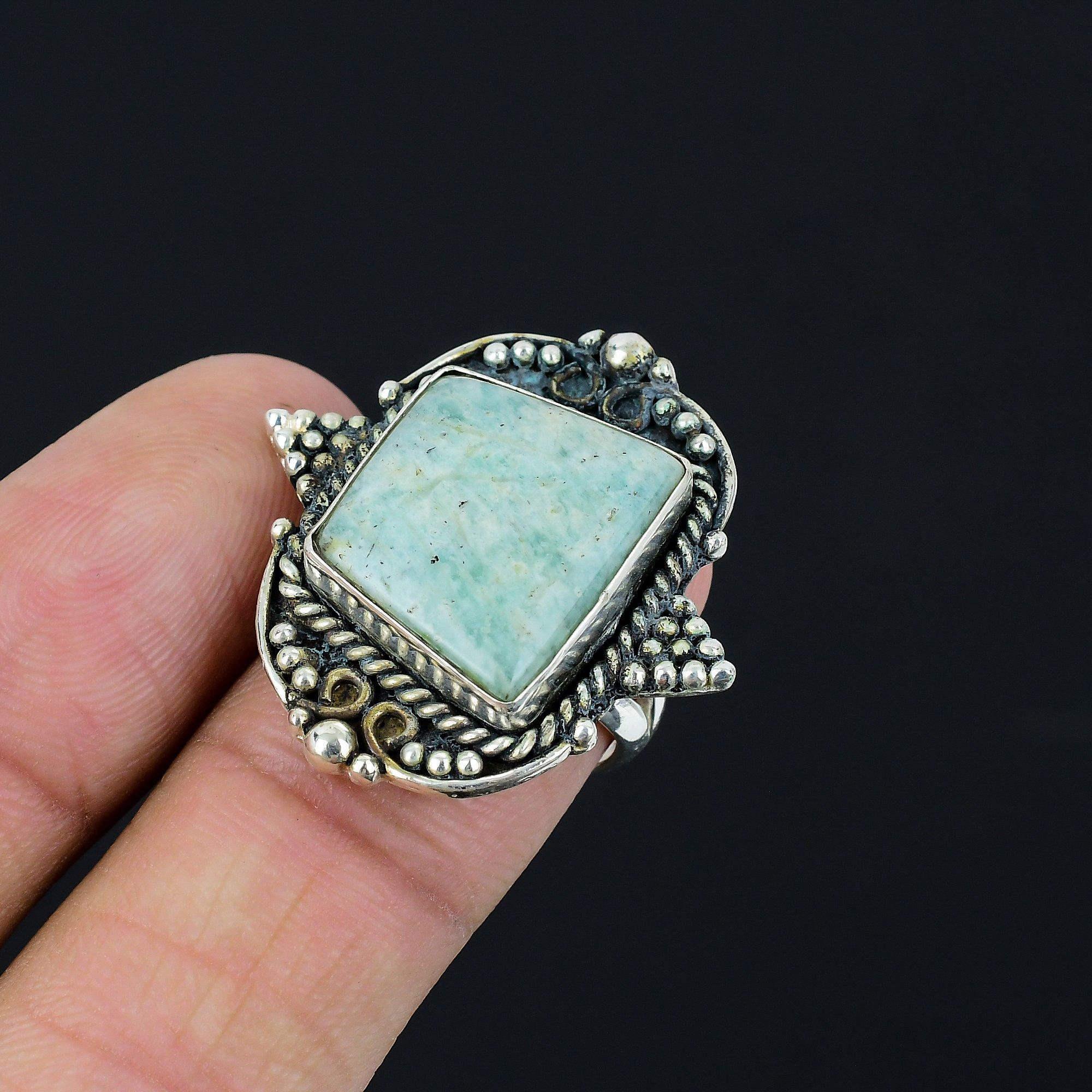 Heart Chakra Amazonite Gemstone Solitaire Promise Ring Size 7.5 Sterling Silver 7.5