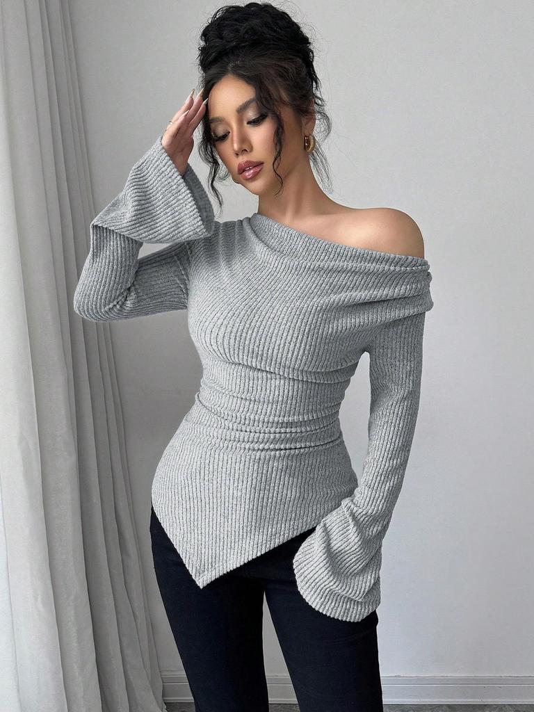 2026 Spring Women's Off-Shoulder Ribbed Knit Bell Sleeve Top