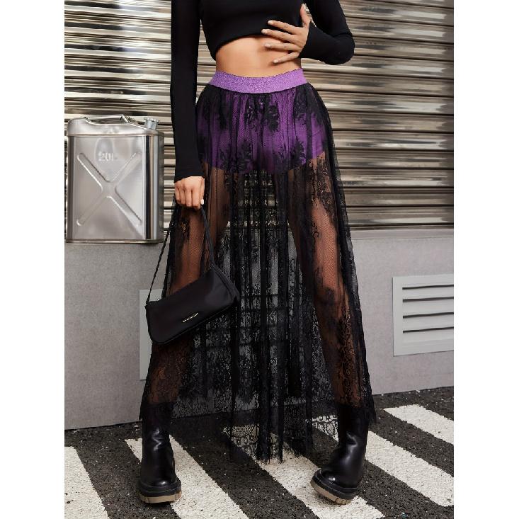 Elegantes Party-Abendkleid Spitzenrock für Damen Durchsichtiges Maxikleid Bodycon Gothic Lolita Mode Schwarzer Rock