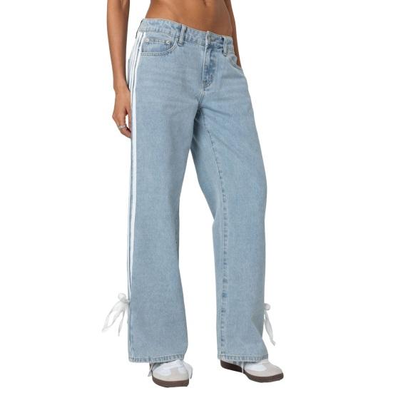 Women's Side Striped Bow Tie Jeans Boyfriend Low Rise Baggy Denim Pants Casual Straight