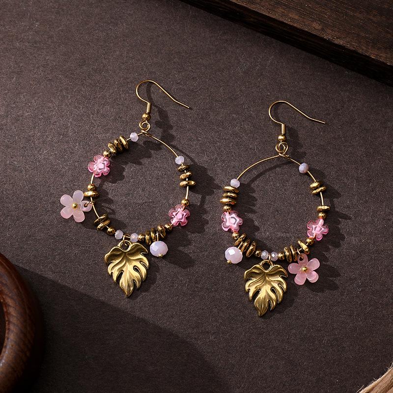 

Bohemian Leaf Ceramic Crystal Flower Earrings in Titanium Steel рожевий