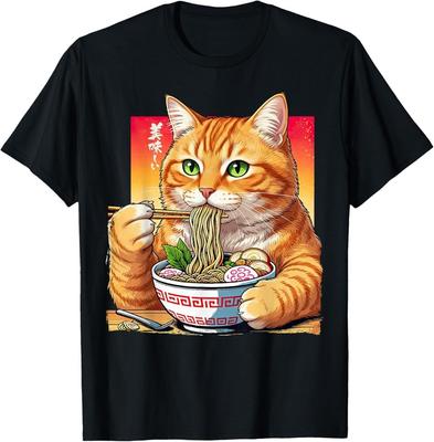Cat Eating Ramen Noodles Funny Japanese Anime Lovers T-Shirt