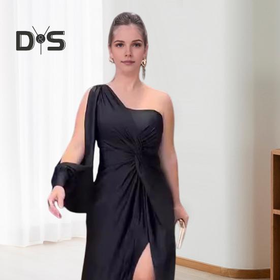 Dámské večerní šaty s jedním ramenem, s jedním otevřeným rukávem, rozděleným lemem, jednobarevný, tenký pas, plisovaný uzel, dekor, jednobarevný, ples, koktejl, párty, maxi šaty