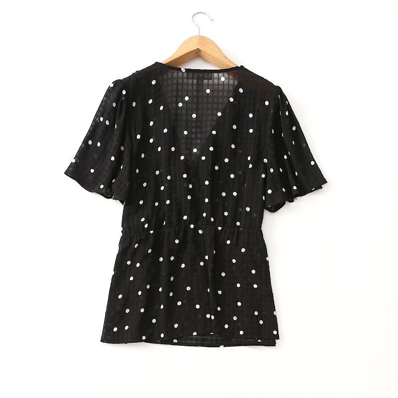 Foreign Trade Original Order Simple Graceful Wooden Ear Polka Dot Short Sleeve Chiffon Shirt Blouse Side Lace-up Plus Size Women's Clothing