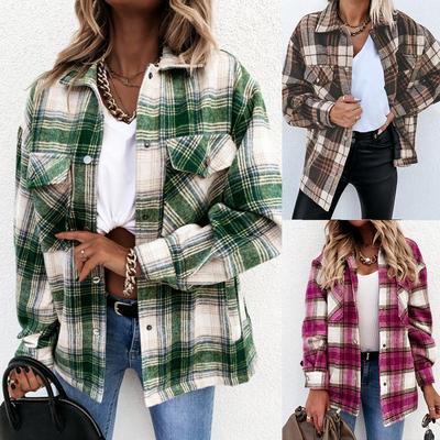Women Autumn Winter Ins Loose Casual Retro Plaid Print Long Sleeve Shirt Jacket