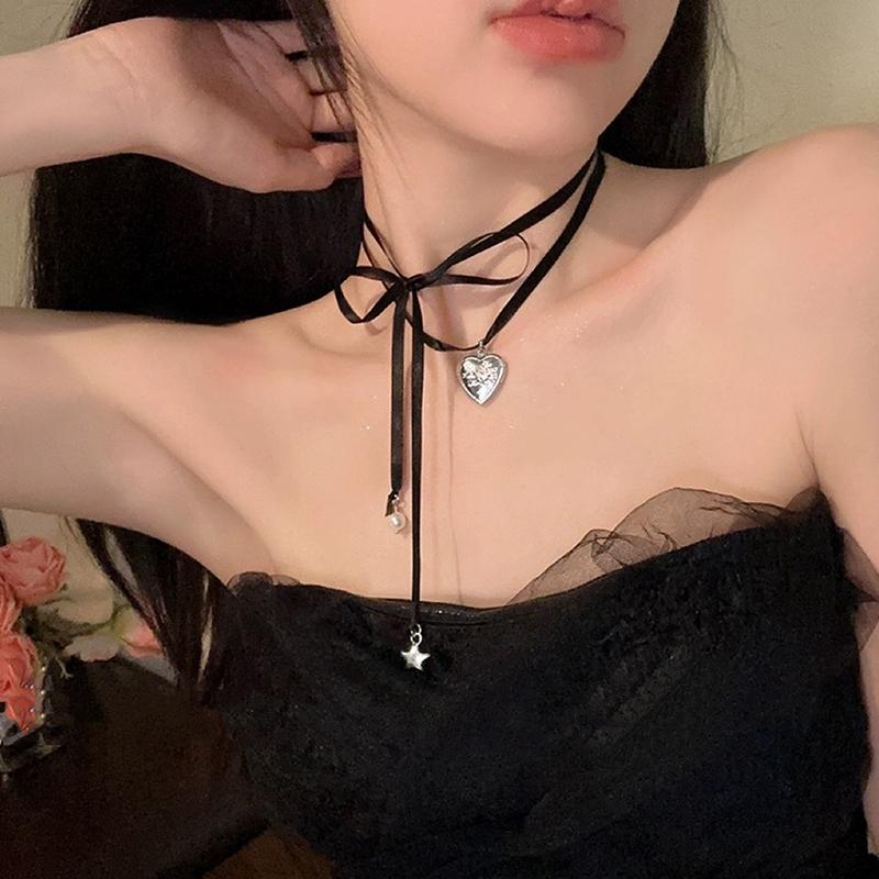 Y2K Pink Rope Tied Peach Heart Pendant Necklace For Women  Retro Sweet Harajuku Necklace Charm Jewelry Gift