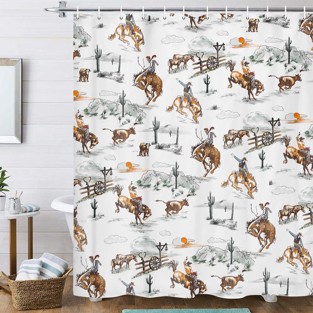 Western Cowboy Shower Curtain for Bathroom, Wild West Cowboy Ride Horse Cactus Bath Curtains, Farmhouse Country American West Th
