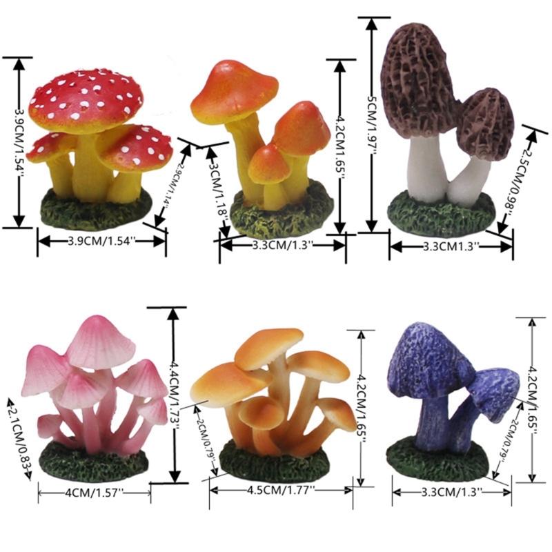 (Set of 6) Resin Mushroom Sculptures Unique Mushroom Models Variety Resin Crafts Delightful Decorations for Home Office