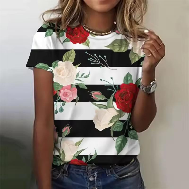 Summer Round Neck 3D Flower Boat Anchor Print Top Fashionable Casual Short Sleeved Women's T-shirts