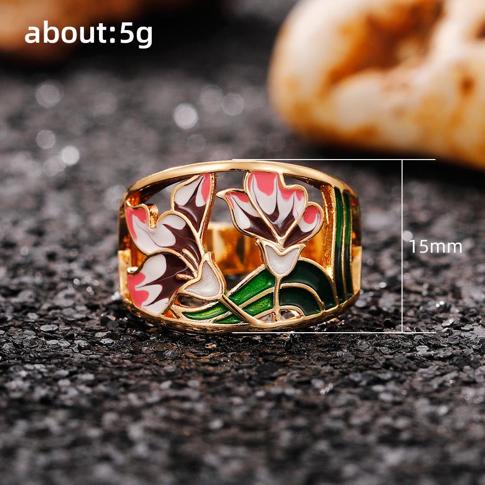Huitan Romantic Pink Flower Hollow Out Band Women's Finger Ring Gold Color Creative Enamel Rings for Party Zircon Drop Shipping