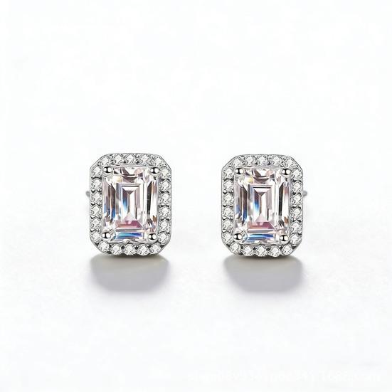 1 Pair Stud Earrings Square Geometric White Cubic Zirconia Clear Ice-Like Stone Ear Studs Retro French Style Jewelry Accessories