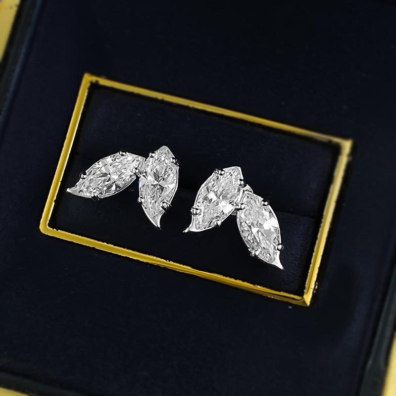 Jewelry White 1.25 Carat Horse Eye Diamond Earrings Light Luxury Premium Leaves Super Shiny Simple