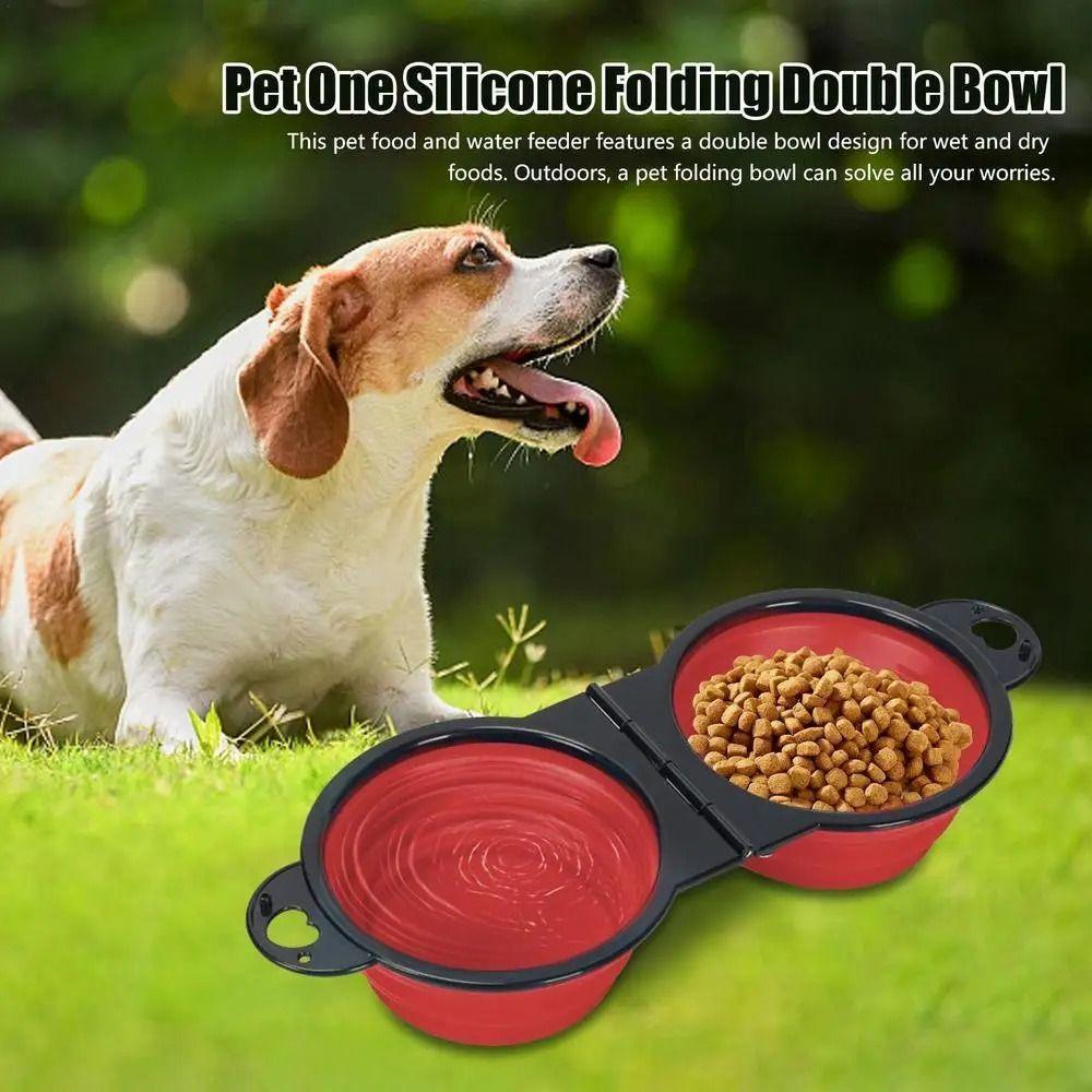 Portable Collapsible Double Pet Bowl Expandable Feeding Bowl Double Dog Food Bowls  Cat