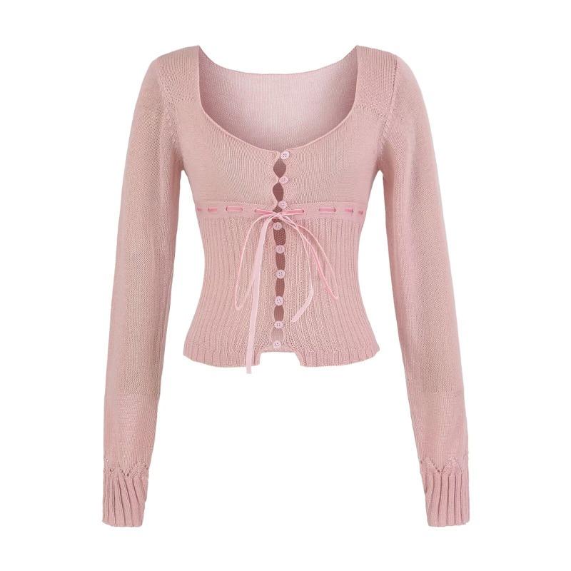 

Весна Новый Стиль Женская Одежда Легкие и Взрослые Нишевые Топы Женский Французский Свитерок на Пояс для Женщин S розовый