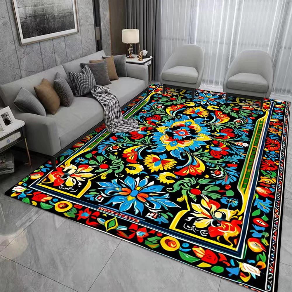 Tapis Style Rétro Bohème Perse Fleurs Salon Chambre Balcon Canapé Table Tapis de Porte Antidérapant Lavable en Machine Tapis de Maison Décor