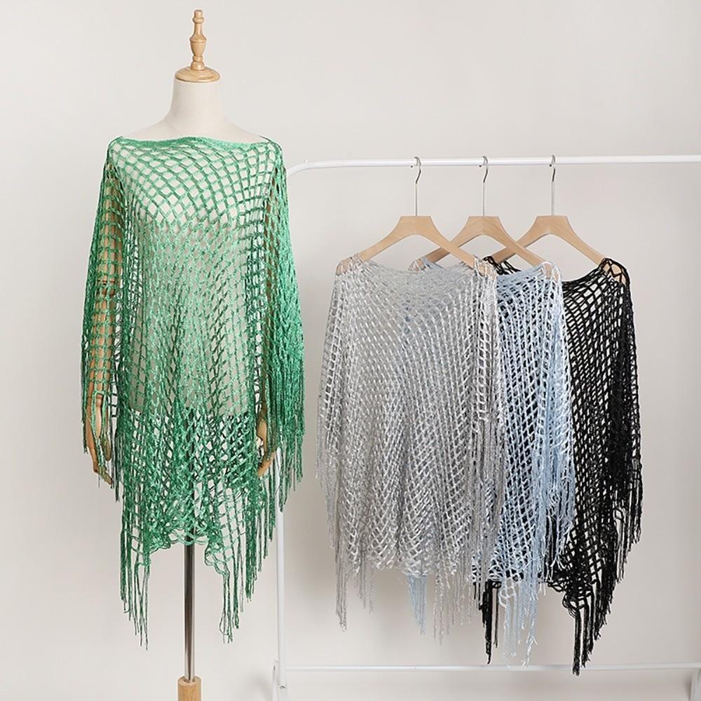 Through Hollow Out Pareo Solid Color Tassels Shawls Sexy Long Sleeve Cover Up for Women