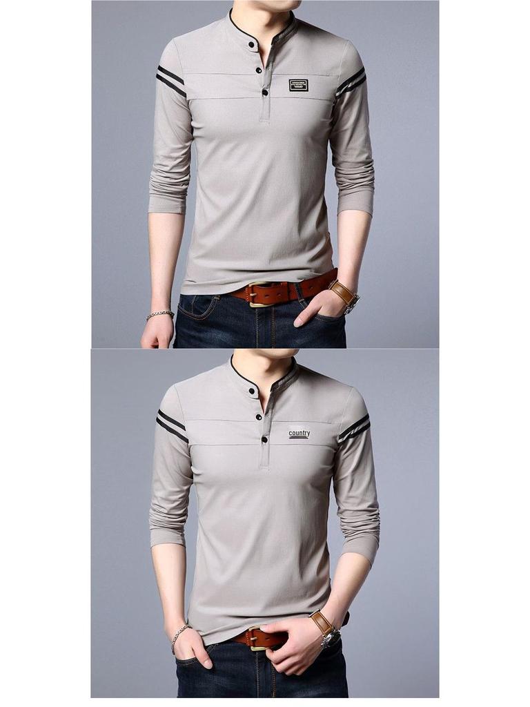 Men's Slim Fit Stand Collar Polo Shirt - Solid Color Long Sleeve for Spring & Autumn