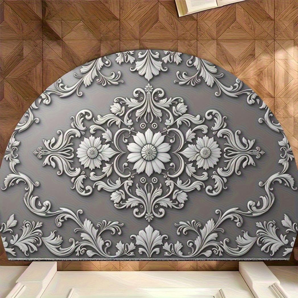 

Elegant Gray White Semi-Circular Carpet Soft Non-Slip Decorative Mat 2D Print Botanical Rug for Front Door Porch Decor 40X60CM