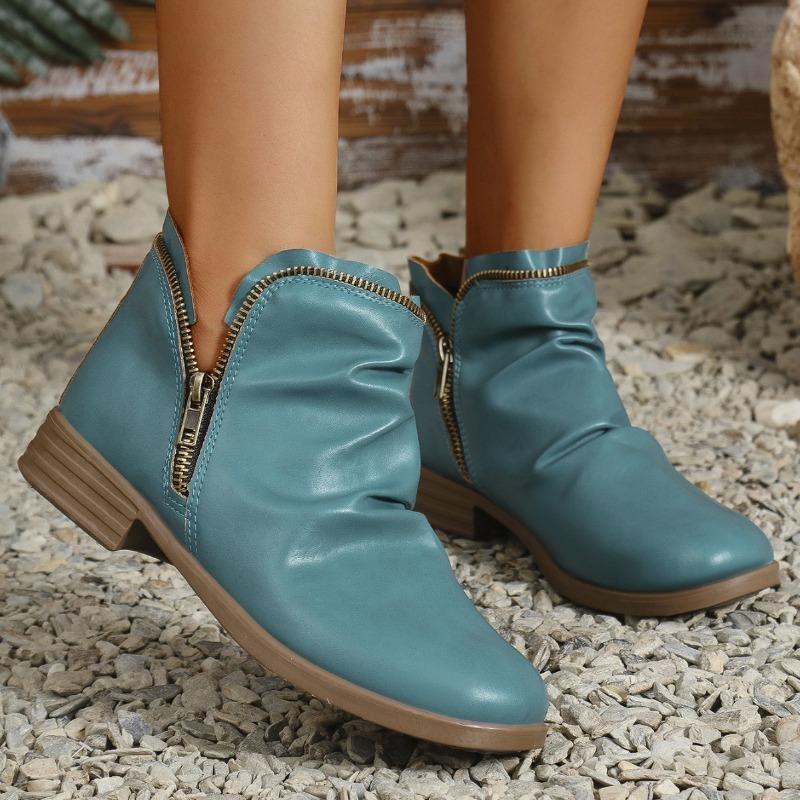 Women's High Quality Round Toe PU Leather V-Cut Zipper Martin Boots