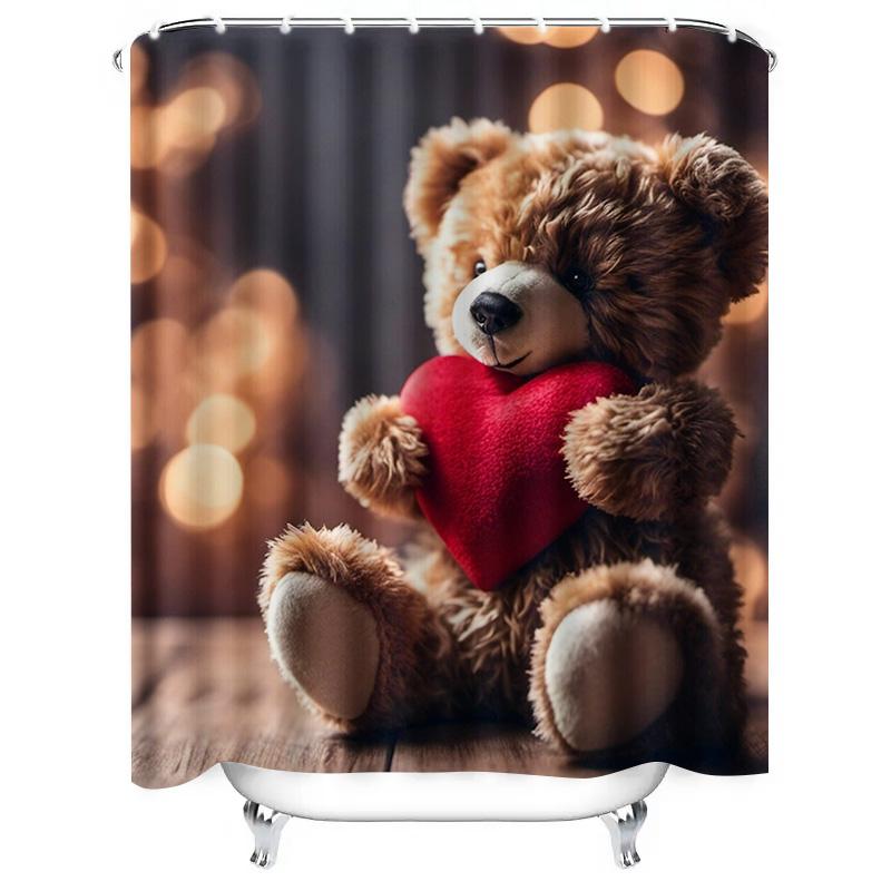 Cute Teddy Bear with Heart Shower Curtain | Cozy and Romantic Bathroom Decor