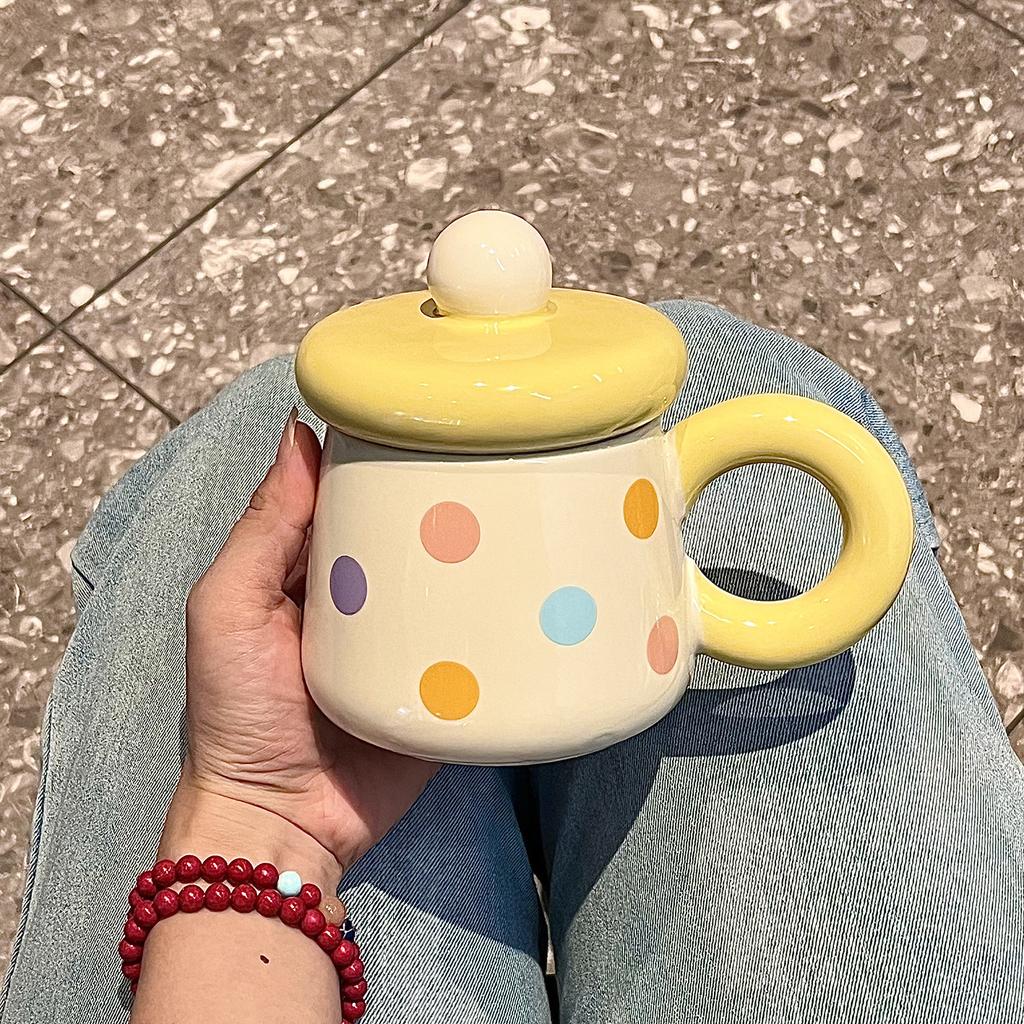 Chubby mug with lid spoon ceramic mug large capacity water cup couple home coffee breakfast cup souvenir