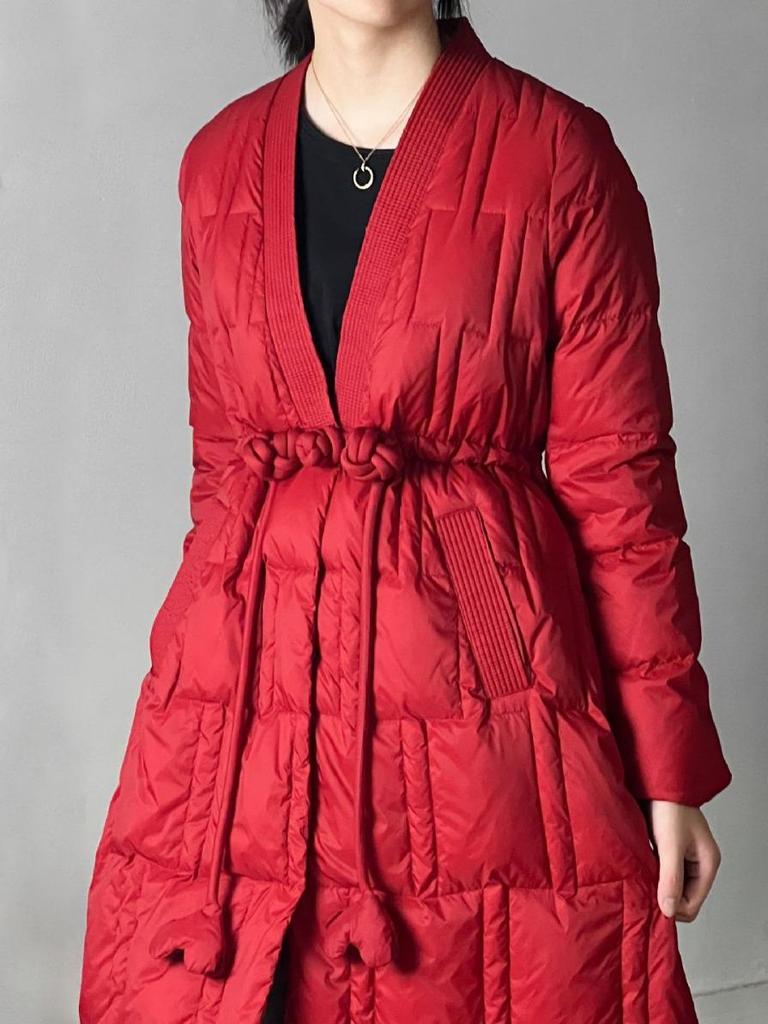 Kongmi Winter 2023 Damen Schlankmachende V-Ausschnitt A-Linien Lange Daunenjacke