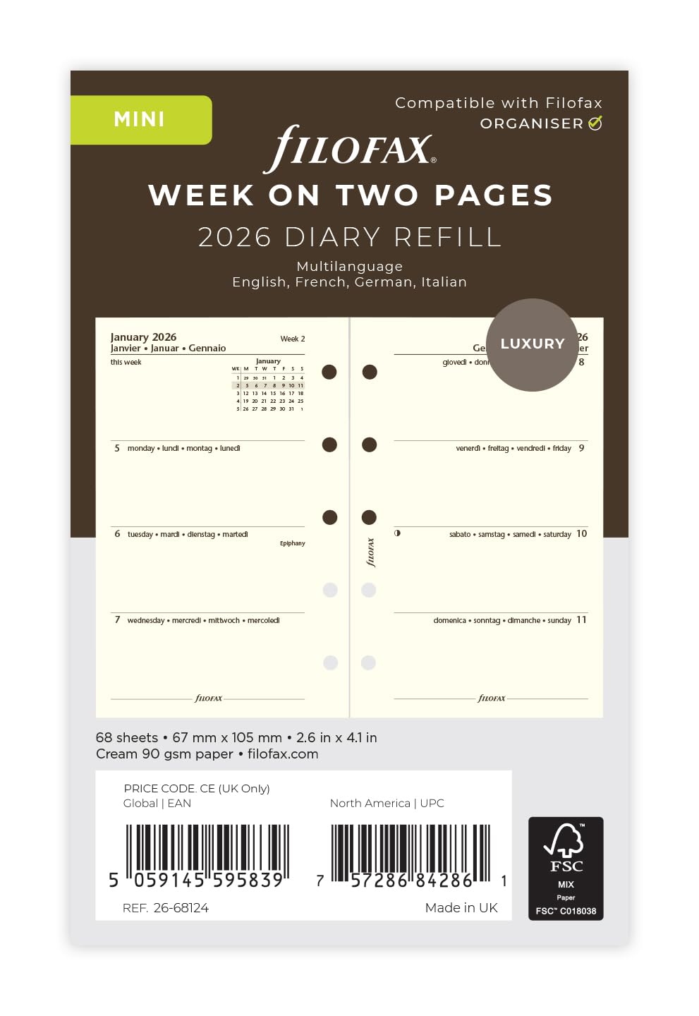 

Сменный блок для органайзера Filofax, 2026, начало с января, мини-недельный, кремовый хлопок, 26-68124, официально импортированный