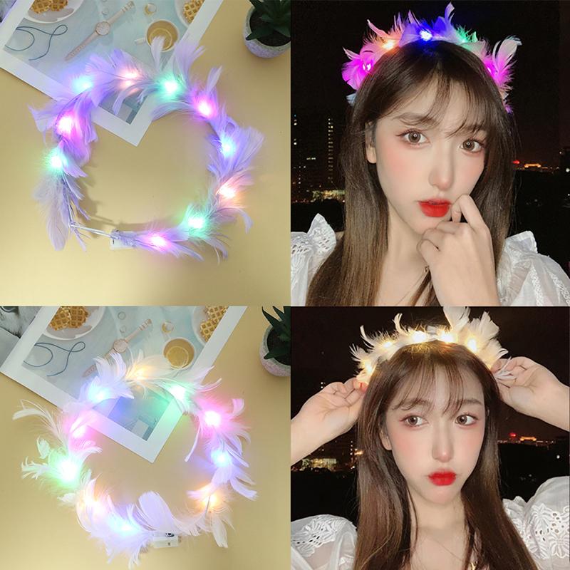 Led Feather Wreath Crown Light-Up Luminous Headdress For Women Girls Wedding Christmas Glow Party Decoration