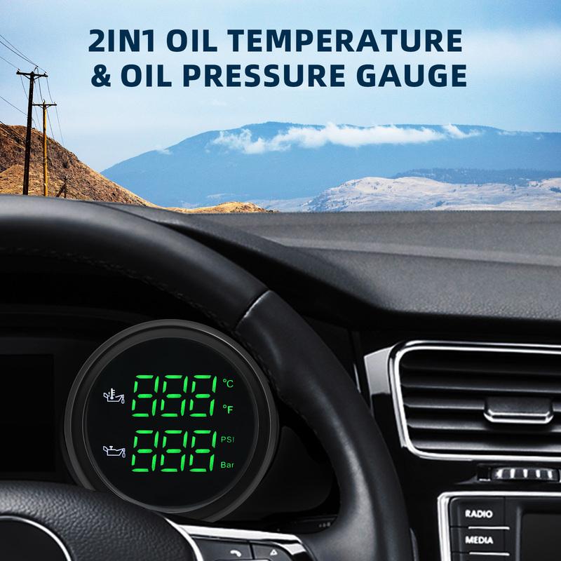 MAIMEIMI Red Green LED Digital Dual 52MM Gauge 50-150℃,122-382℉,0-10BAR,0-145PSI Oil Temp+Oil Pressure Gauge with Sensor Alarm