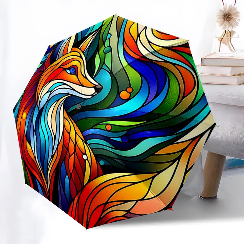 

1pc Colorful Fox Stained Glass Auto Open Close Umbrella, Portable Tri-Fold Design with 8-Bone Iron Frame, Outdoor for Fans, Travelers, Daily Use, Fest