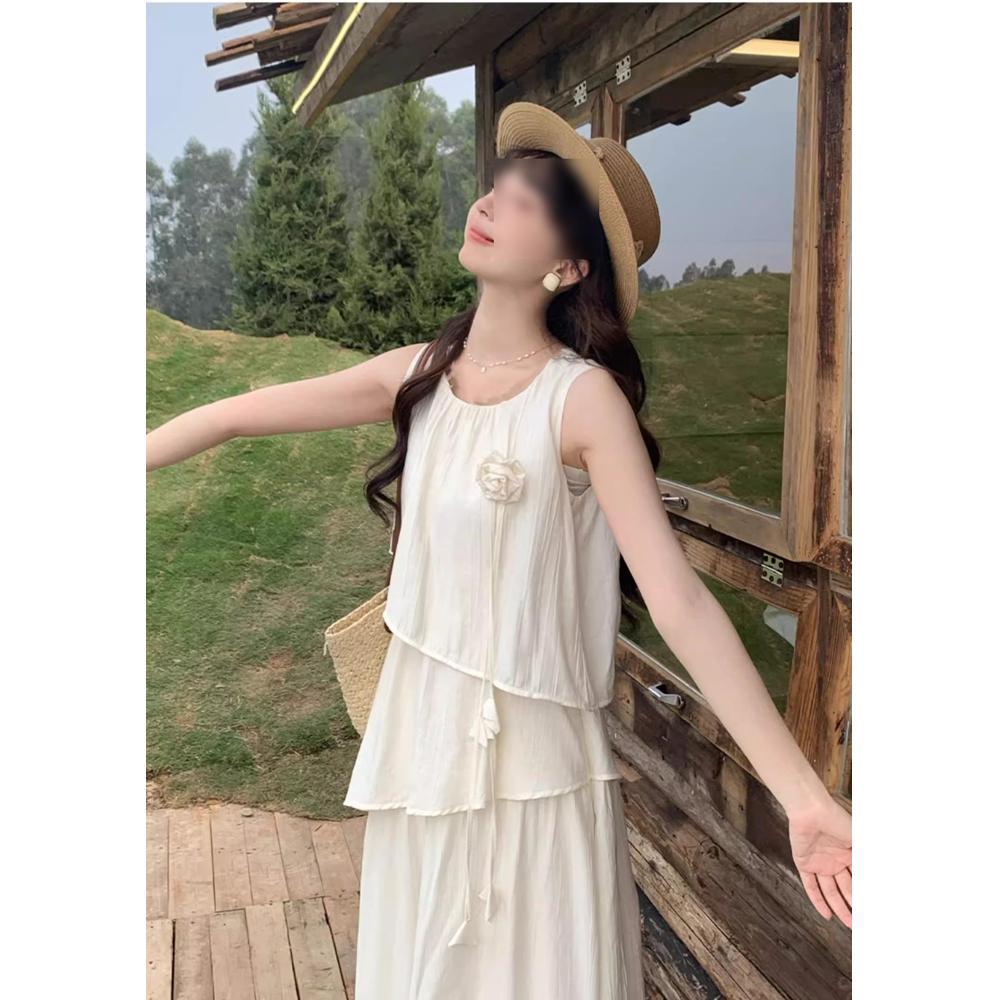 French Sleeveless Sweet Wind Milk Yellow Dress Female Design Sense Gentle Lotus Leaf Edge Super Fairy Fresh Long Dress Summer