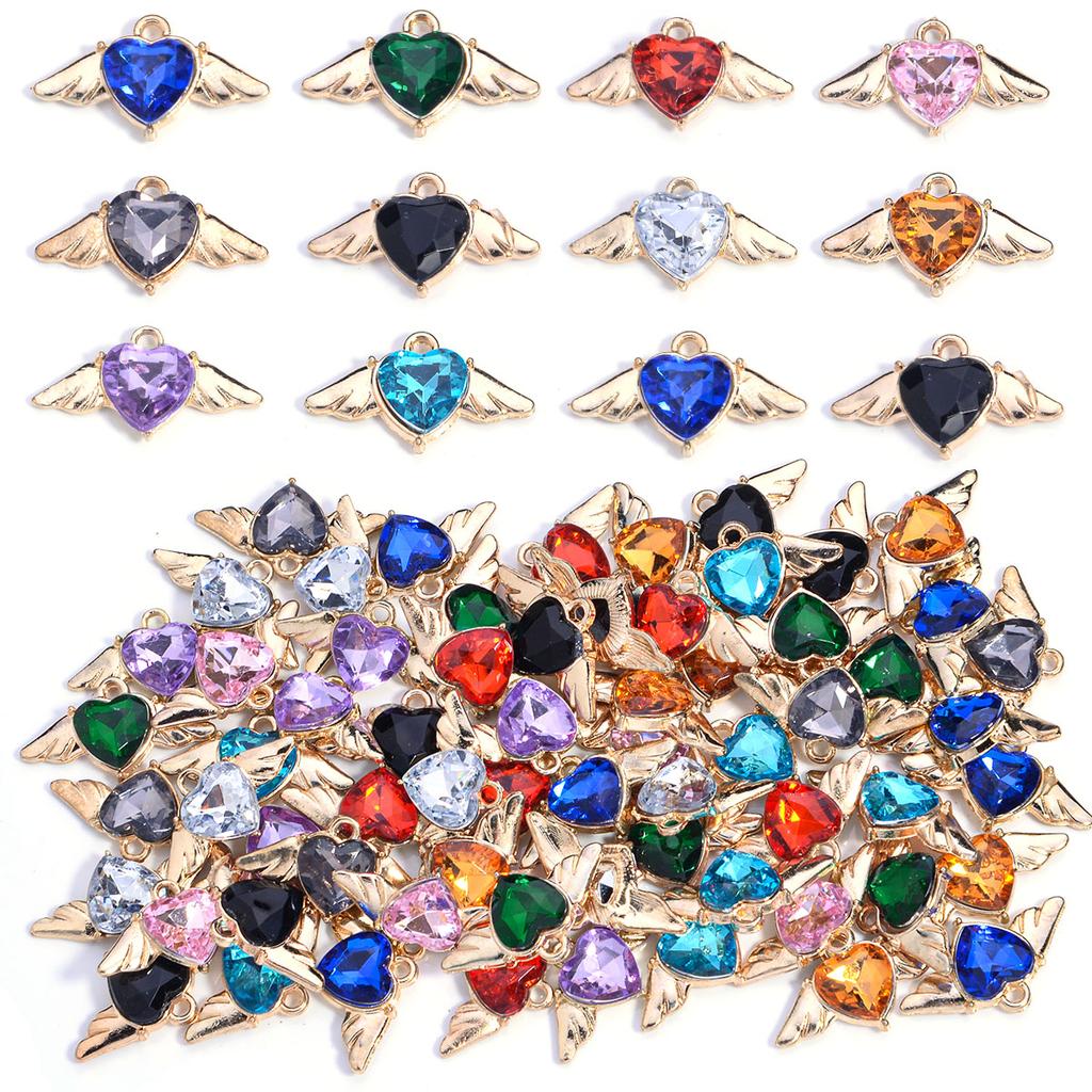10Pcs Heart Wings Charms Alloy Colorful Rhinestone Romantic Pendant for Jewelry Accessories DIY Making Earrings Necklace Charm