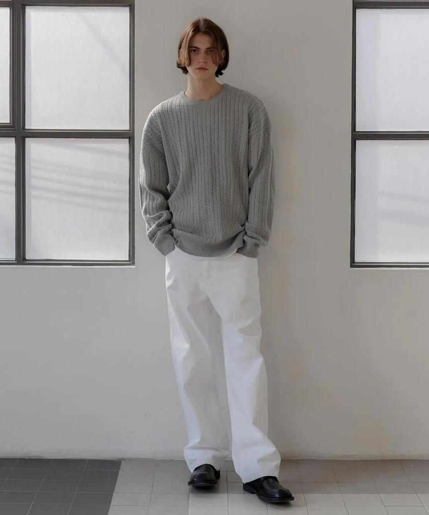 AGOD Crew Neck Oversized Cable Sweater Knit [Gray]