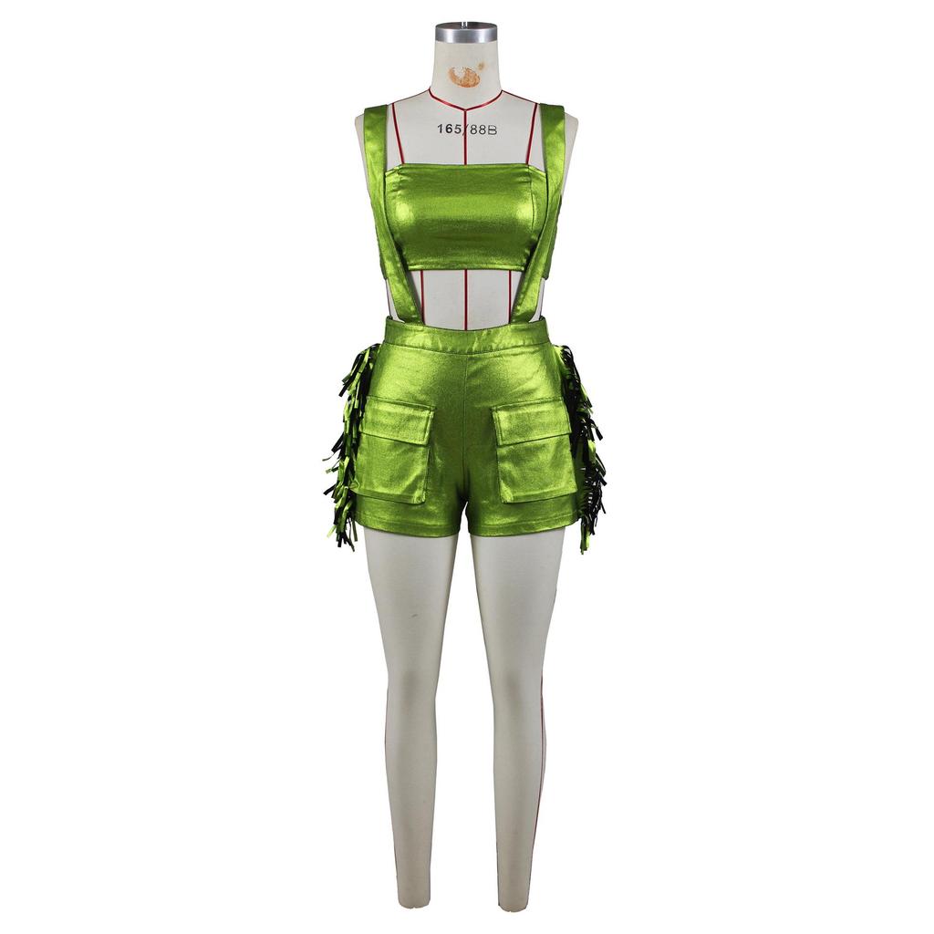 European and American Women’s Metallic Bandeau Fringe Suspender Shorts Set