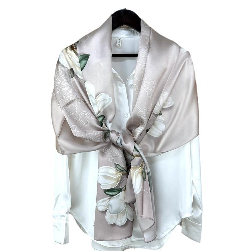 53*170cm High-grade 100% Mulberry Silk Scarf Lotus Luxury Shawl Neckerchief Gift Spring Autumn for Women