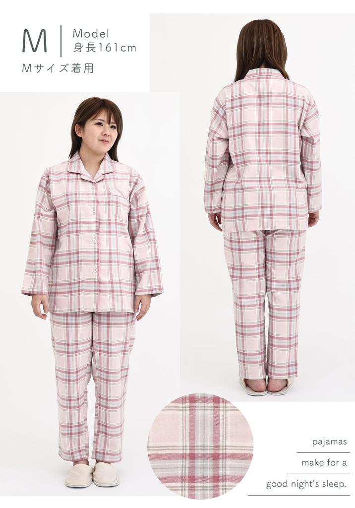 Kaitak Family Women's Cashmere-Touch Flannel Shirt Pajamas, Long Sleeve, Check Pattern, Spring, Autumn, Winter (L, Pink)