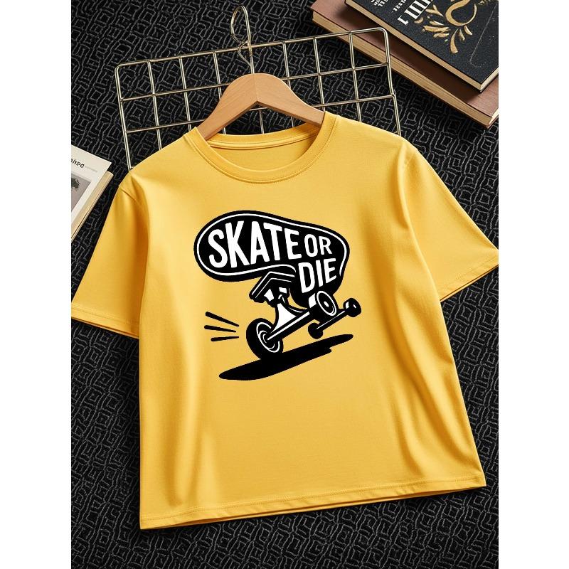 European Sizes Skateboard White Black Text Cotton Boys T-Shirt Boys Creative T-Shirt, Casual Weight Comfortable Short Sleeve Top, Summer Clothing