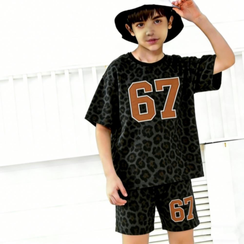 Módní Dětský Letní Ležérní Outfit 2dílná Sada s Potiskem Čísla 67 a Leopardím Vzorem pro Kluky a Holky Dětské Oblečení Vrchní díl