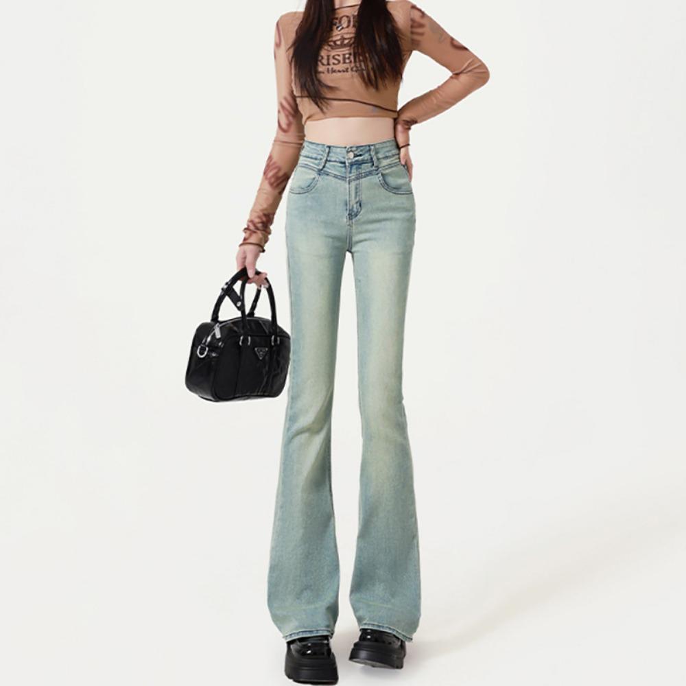 

Джинсы с высокой посадкой и слегка расклешенные женские весна 2025 новые тонкие и высокие расклешенные брюки светло-голубые подметающие пол брюки-подковы XL