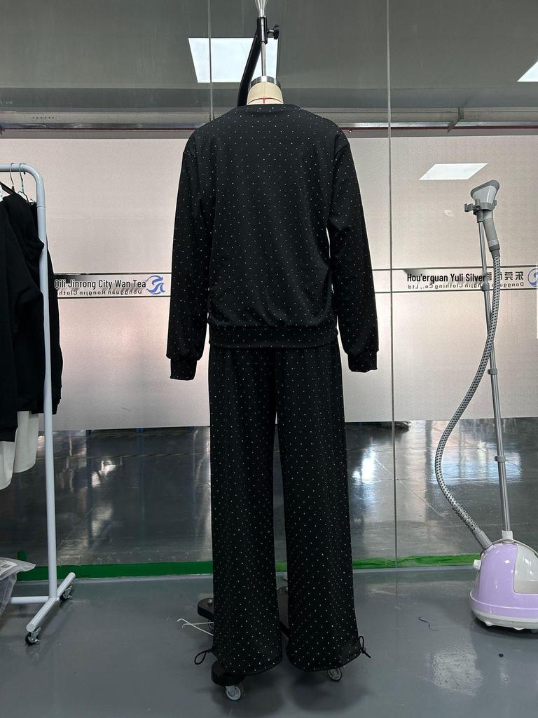 2024 Women's Casual Round Neck Long Sleeve Two-Piece Set with Hot Drill Detail and Drawstring Cuffs, Perfect for Autumn and Winter