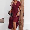 Kadın V Yaka Kısa Kollu A Kesim Elbise, Slim Fit Bel, Günlük Yazlık Elbise