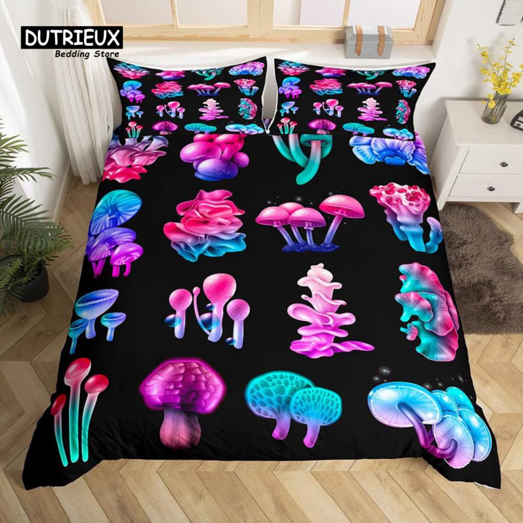 Cartoon Mushrooms Duvet Cover Kawaii Fungus Bedding Set Wild Mushroom Stuff Comforter Cover Twin King for Boys Girls Room Decor