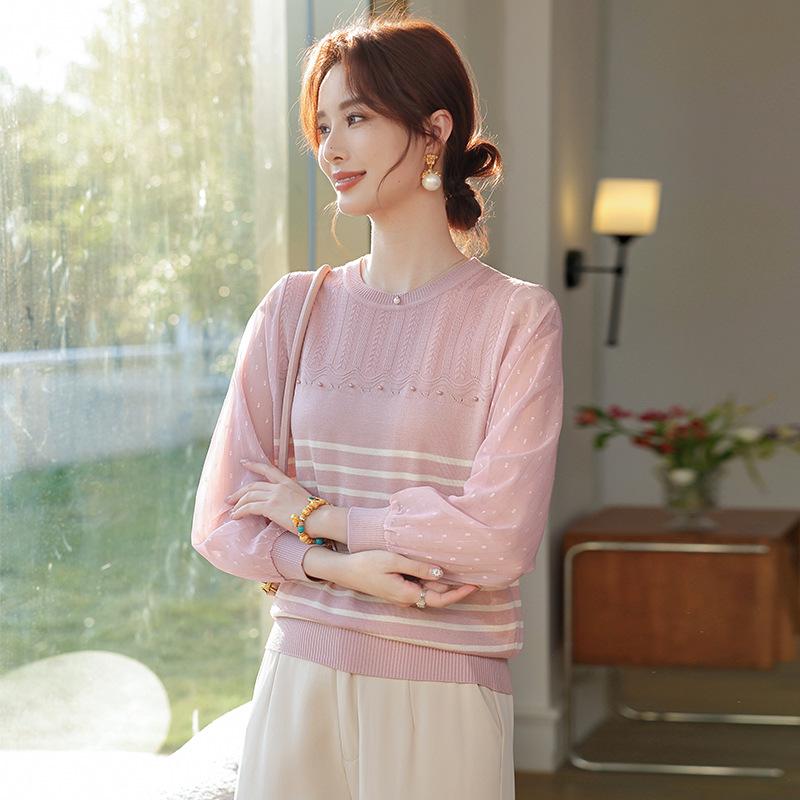Elegant Gauze Sleeve Striped Knit Sweater for Middle-Aged Women - Slimming Spring Top for Moms