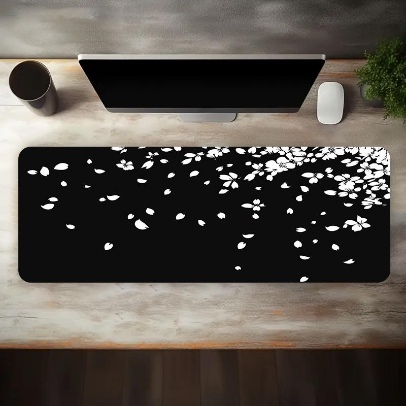 Largesized Esports Gaming Mouse Pad with a Simple Black and White Cherry Blossom Petal Design Features a Washable Base