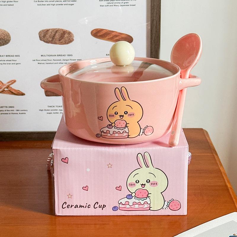 High-value Cute Tableware Ceramic Instant Noodle Bowl with Lid Children's Rice Bowl Student Dormitory Instant Noodle Bowl Binaural Soup Bowl