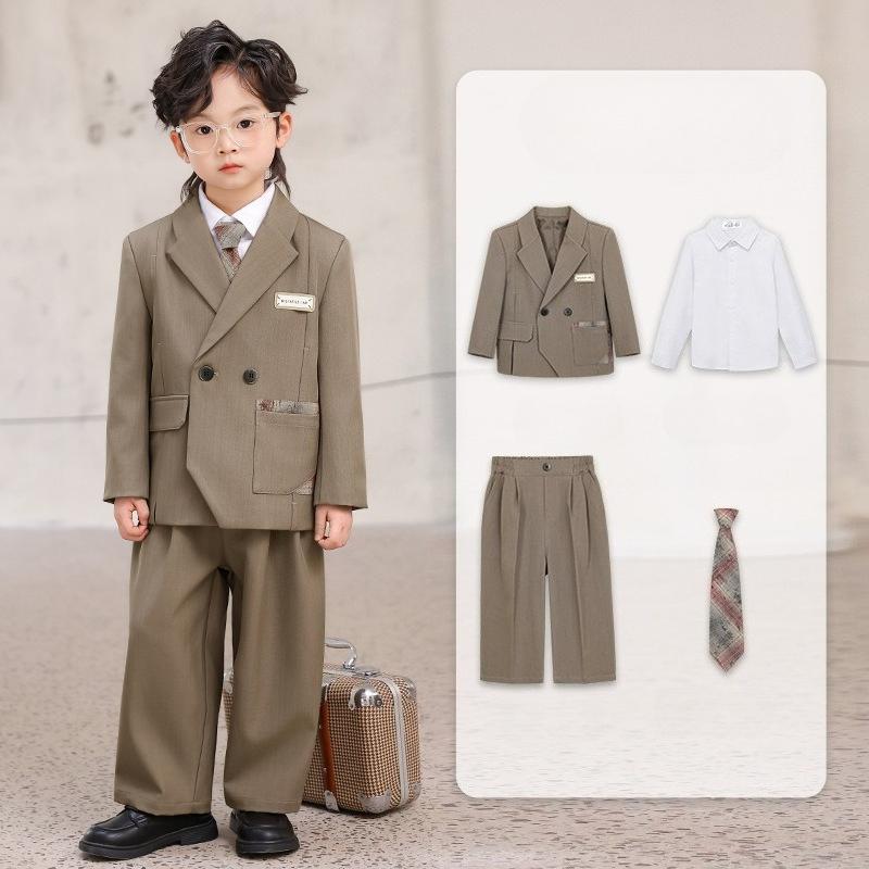 Boys Formal Suit Set Double Breasted Blazer Long Sleeve Shirt Tie Pants Kids Outfit for Wedding Party School Performance 2-12 Y